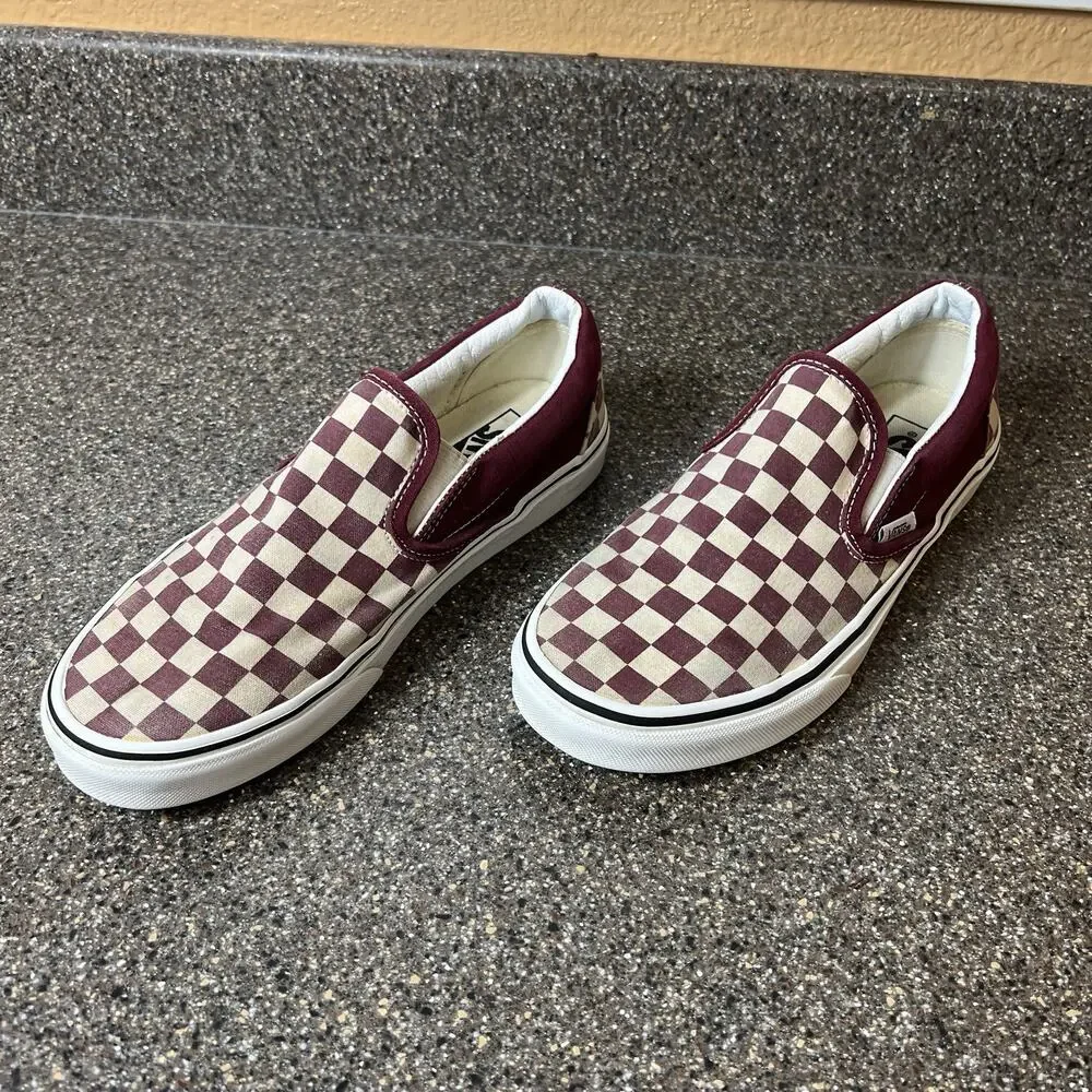 Vans Classic Slip On Skate Shoes Canvas Burgundy Check Print Womens 8.5 Sneakers